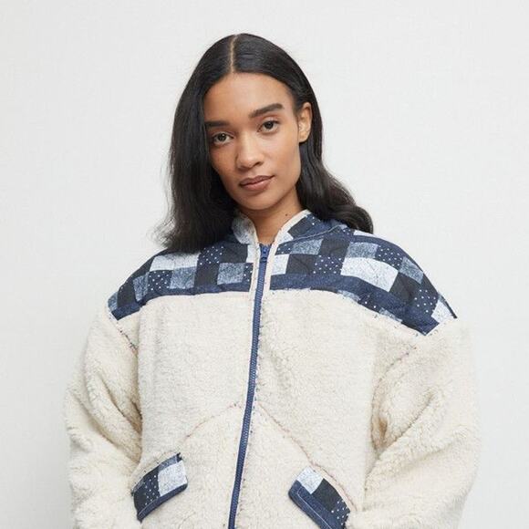 Urban Outfitters Mila Fleece Patchwork jacket‎ Cream Navy Medium Warm Cozy - Picture 3 of 9